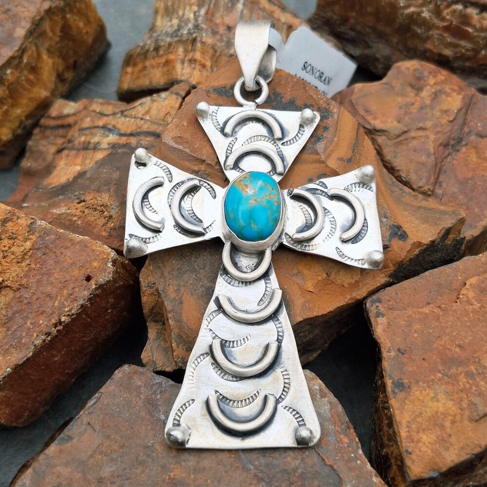 Big Sterling Silver Sonoran Mountain Turquoise Cross Pendant Faith Southwestern